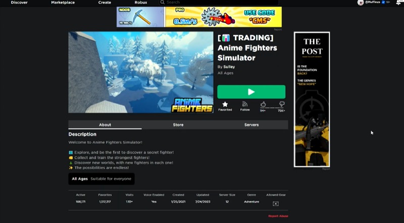 Trang giới thiệu game Anime Fighters Simulator trên Roblox