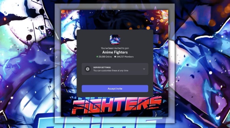 Lời mời tham gia server Discord Anime Fighters với hơn 344.000 thành viên.