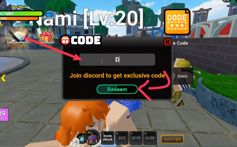 Nhập mã vào khung và nhấn "Redeem" để nhận code từ Discord