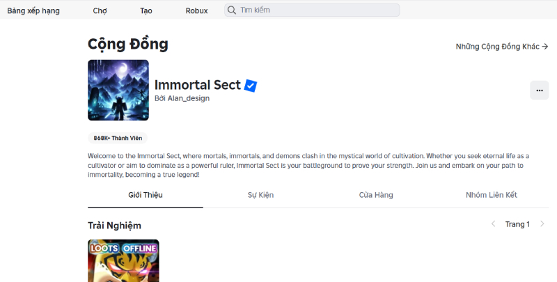Trang cộng đồng chính thức của Immortal Sect trên Roblox