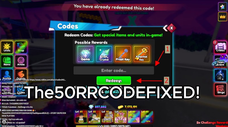 Nhập mã “The50RRcodeFIXED!” để nhận phần thưởng trong Anime Reborn