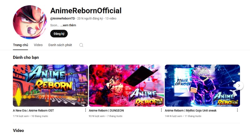 Kênh YouTube chính thức AnimeRebornOfficial 