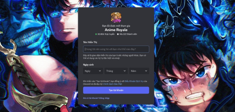 Trang mời vào Discord chính thức của Anime Royale, hơn 96.000 thành viên