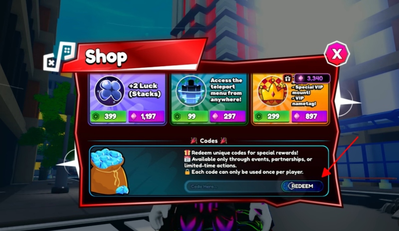 Giao diện nhập mã giftcode trong mục Shop với nút “Redeem”