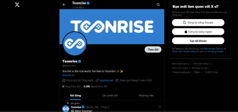 Trang Twitter chính thức của Toonrise, kèm theo liên kết và mô tả thương hiệu