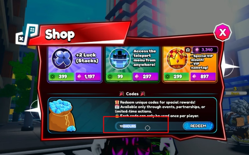 Người chơi đang nhập đúng mã giftcode tại mục Shop trong game