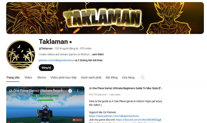 Trang YouTube của Taklaman, chuyên video Roblox