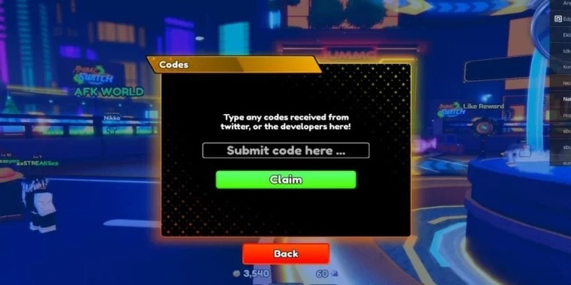 Giao diện nhập mã code Anime Switch để nhận phần thưởng