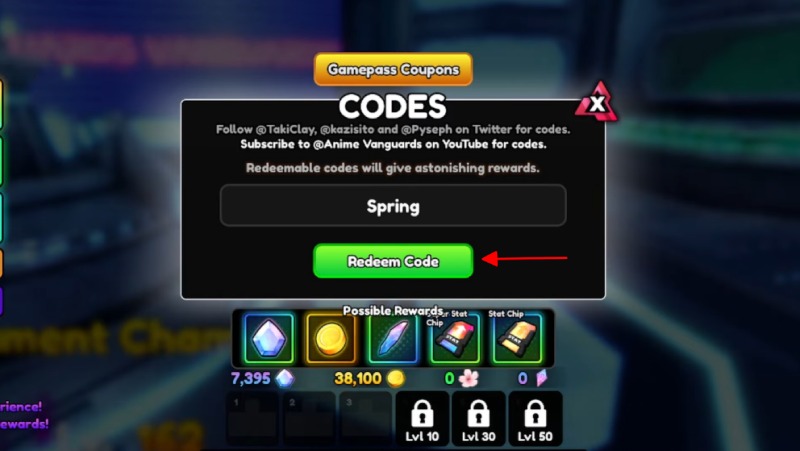  Giao diện nhập code “Spring” để nhận quà tặng trong game Anime Vanguards.