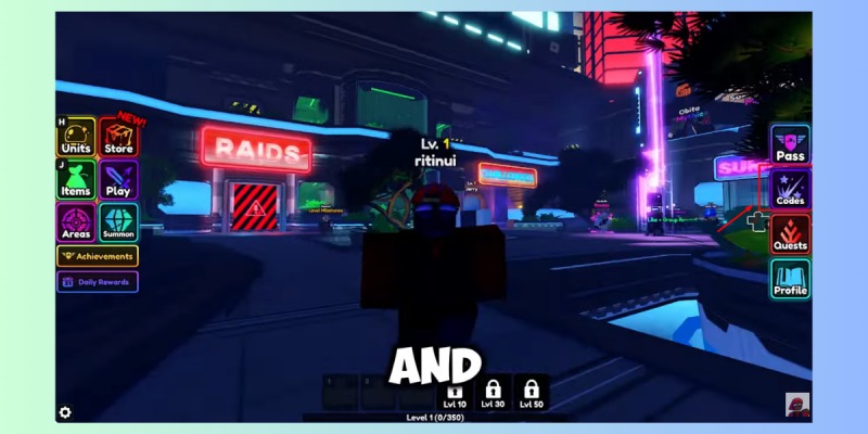 Giao diện chính trong game Anime Vanguards với khu vực chơi và tính năng.