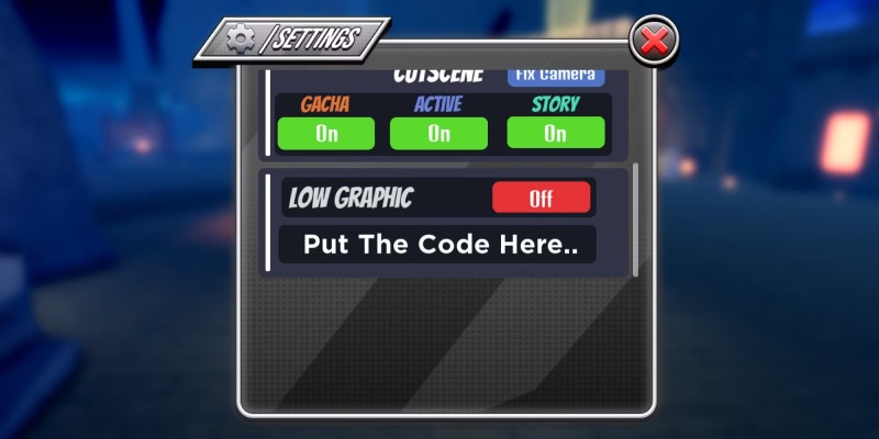 Giao diện Settings của game với mục nhập code hiển thị