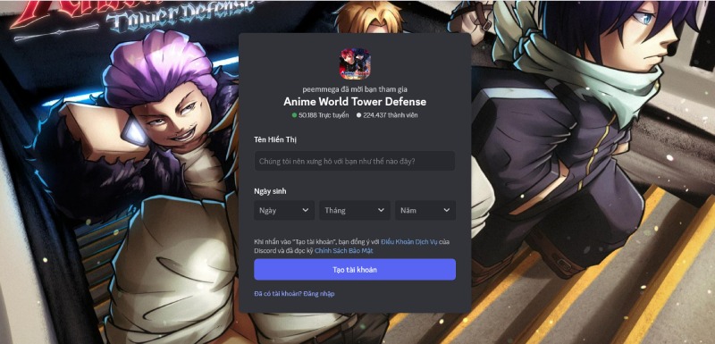 Lời mời tham gia Discord chính thức của cộng đồng Anime World Tower Defense