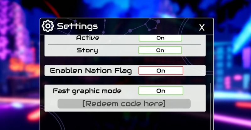 Giao diện Settings nhập mã code vào ô “Redeem Code Here”