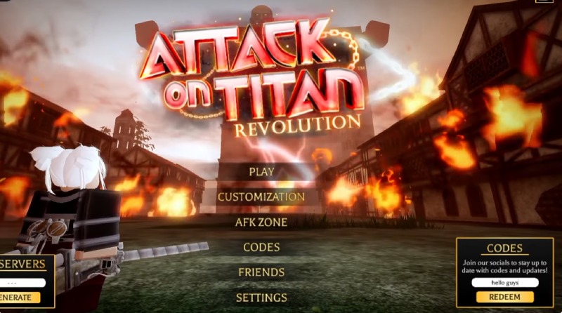 Giao diện chọn chế độ chơi và nhập code ở AoT Revolution trên Roblox
