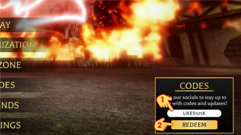 Giao diện nhập code LIKES525K với nút "REDEEM" để nhận phần thưởng