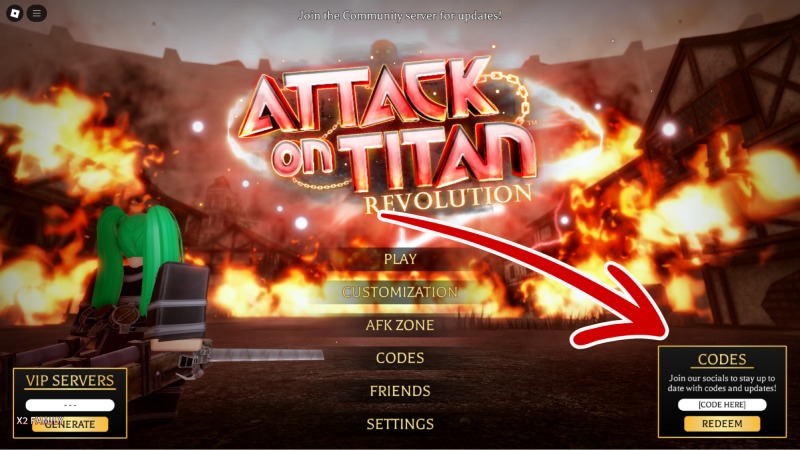 Giao diện chính của game với nút nhập code nằm góc phải bên dưới màn hình.