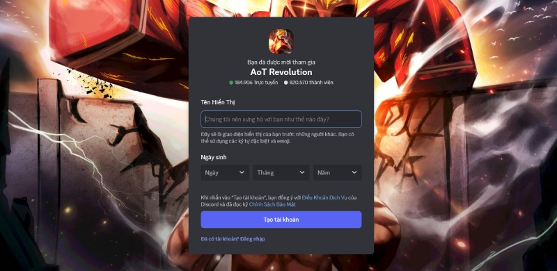 Màn hình mời tham gia Discord AoT Revolution với hơn 800.000 thành viên.