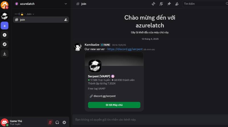 Máy chủ Discord Azure Latch với lời mời vào server mới