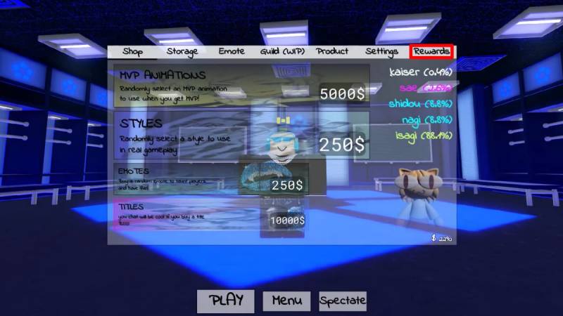 Giao diện phần thưởng Azure Latch với các mục MVP, Emotes, Styles
