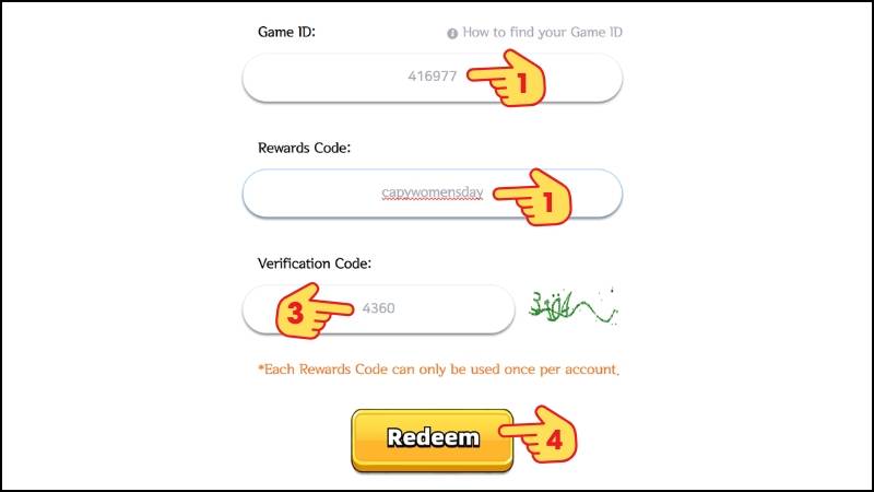 Giao diện website nhập mã quà tặng gồm ID, mã và mã xác minh.