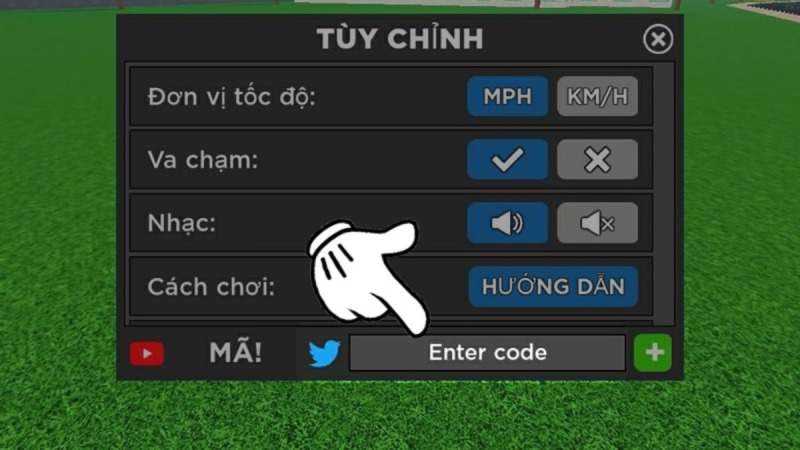 Giao diện nhập mã trong phần cài đặt game Car Dealership Tycoon