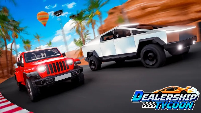 Xe Tesla Cybertruck và Jeep đang đua trong Car Dealership Tycoon