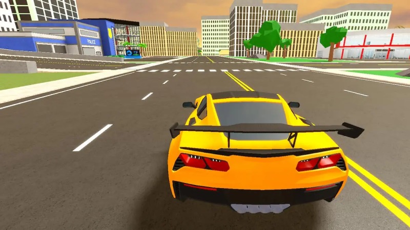 Cảnh xe thể thao màu vàng chạy trên đường trong game