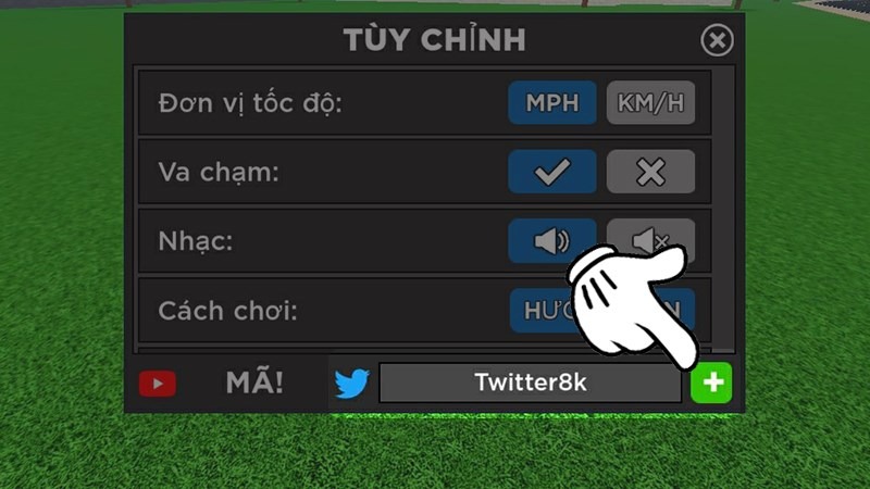 Nhập mã code “Twitter8k” trong mục Tùy chỉnh của game