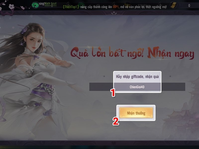 Giao diện nhập giftcode và nhận thưởng trong Chiến Giới 4D