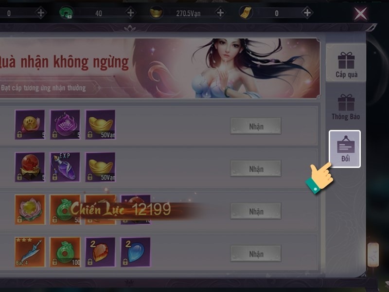 Giao diện phần thưởng trong game Chiến Giới 4D với nút “Đổi”
