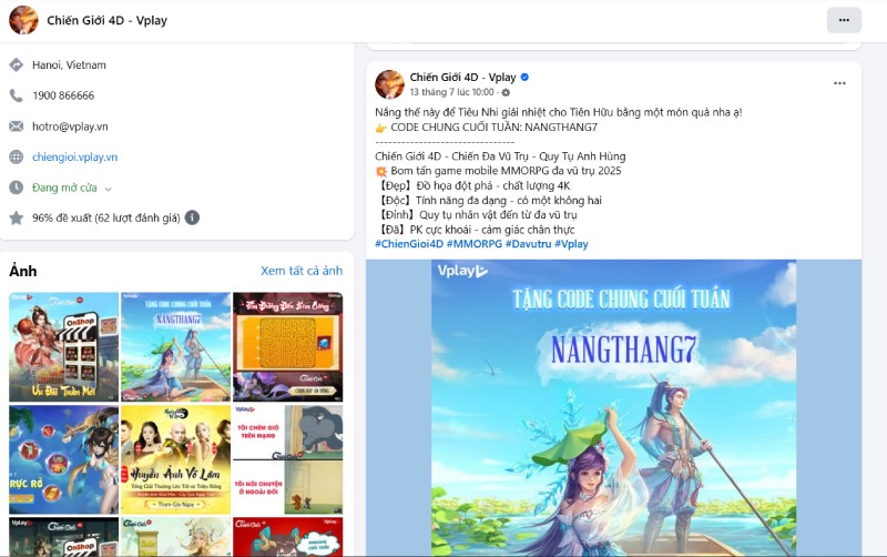 Bài đăng tặng code cuối tuần trên fanpage Chiến Giới 4D