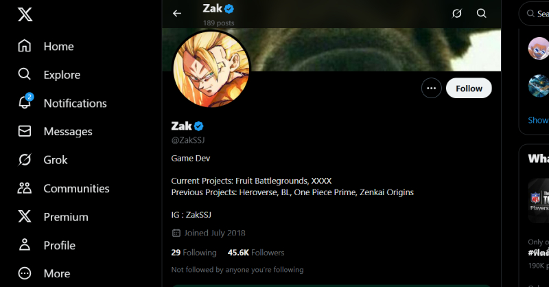 Trang cá nhân Twitter của Zak, nhà phát triển Fruit Battlegrounds