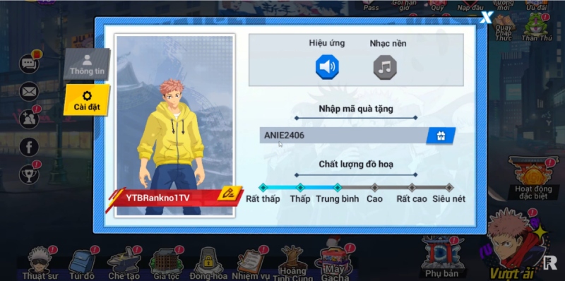 Giao diện nhập mã quà tặng trong mục Cài đặt
