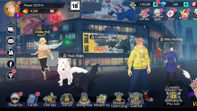 Màn hình chính trong game Chú Thuật Đại Chiến với nhân vật và pet hiển thị