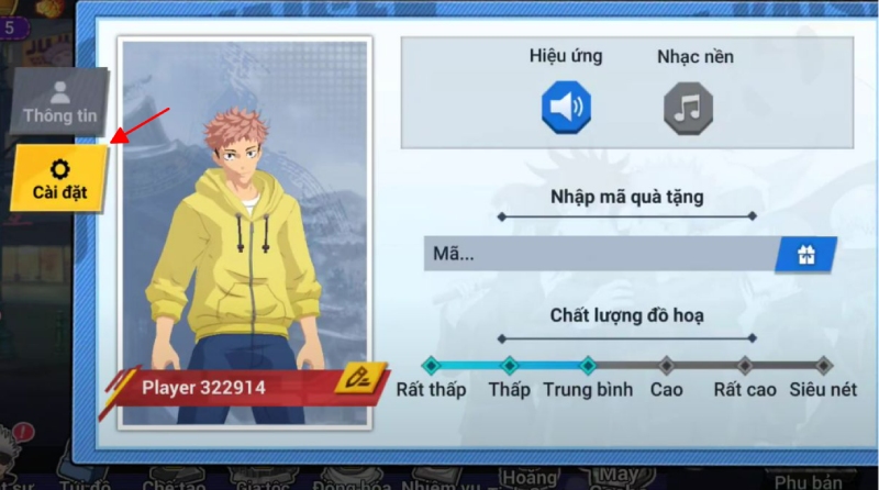 Mở mục Cài đặt để truy cập khung nhập mã quà tặng
