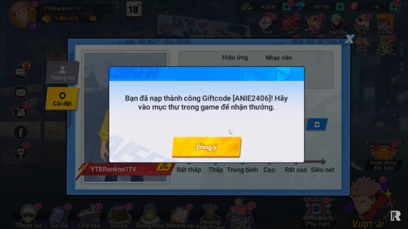 Thông báo nhập mã thành công và hướng dẫn nhận quà trong thư