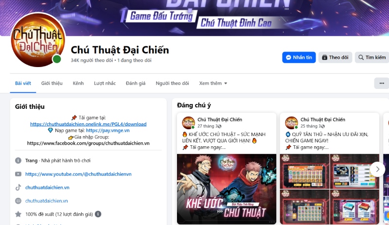 Fanpage Facebook chính thức của game Chú Thuật Đại Chiến