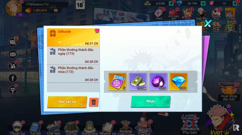 Quà tặng giftcode hiển thị trong mục thư của game