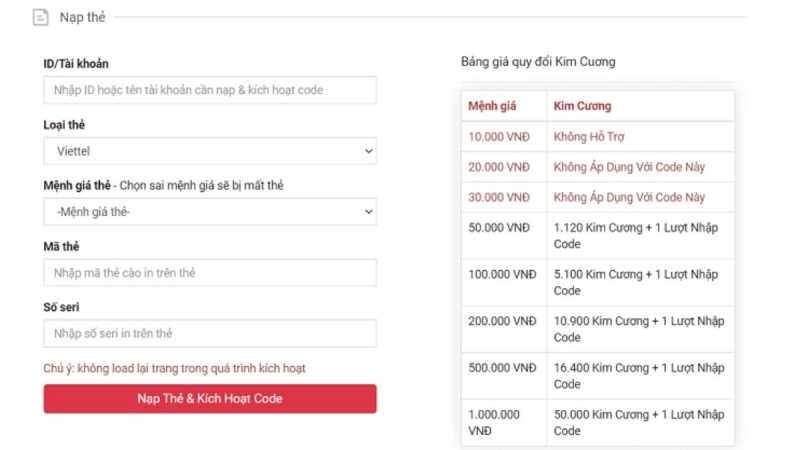 Nạp thẻ để đổi kim cương và kích hoạt code theo mệnh giá quy định