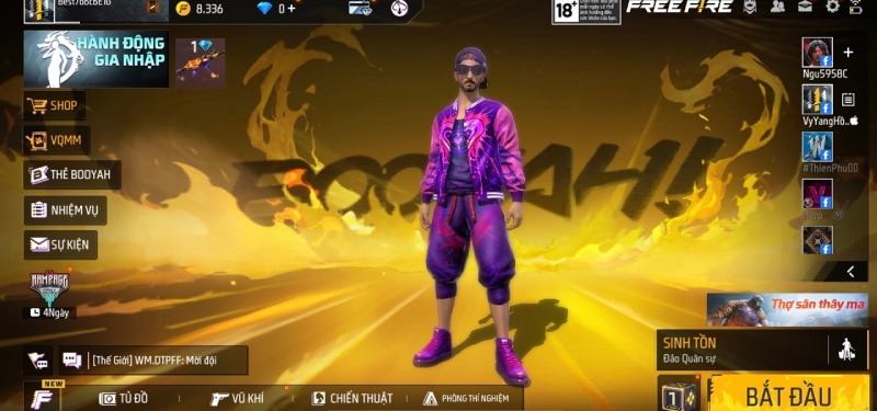 Giao diện chính Free Fire với nhiều sự kiện và chế độ chơi đang diễn ra