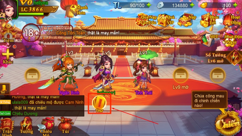 Giao diện trong game Danh Tướng 3Q hiển thị thư nhận thưởng
