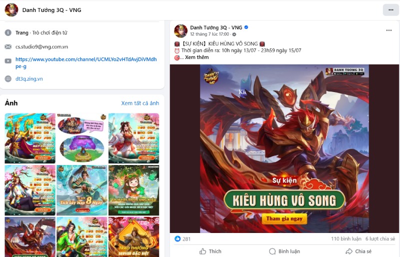 Sự kiện Kiêu Hùng Vô Song được đăng trên fanpage