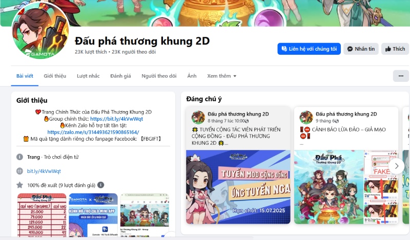 Trang fanpage chính thức của Đấu Phá Thương Khung 2D trên Facebook