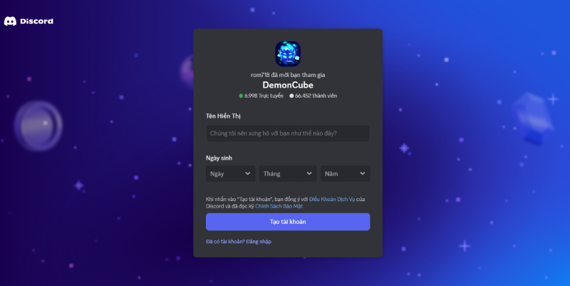 Trang mời tham gia máy chủ Discord chính thức của DemonCube