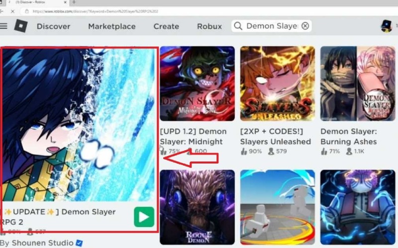 Giao diện tìm kiếm game Demon Slayer trên Roblox 
