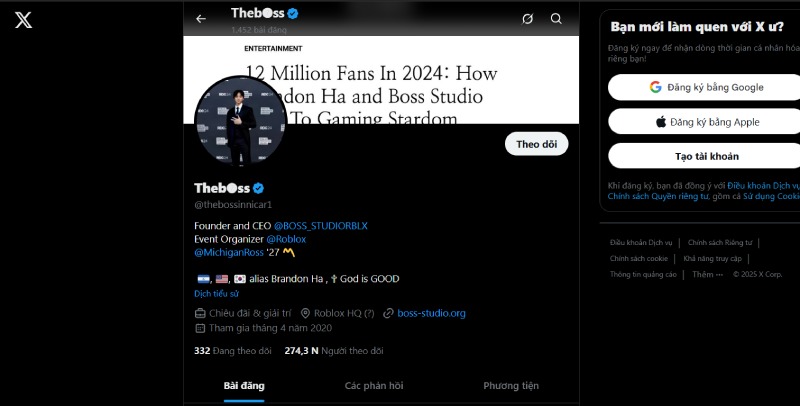 Trang cá nhân Twitter của Theboss Brandon Ha – CEO Boss Studio.