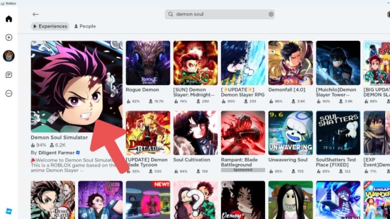 Demon Soul Simulator hiển thị trên giao diện tìm kiếm game Roblox
