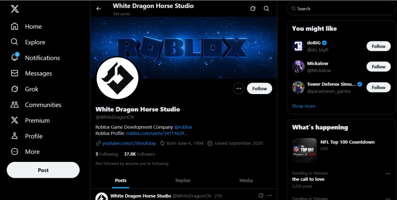 Trang Twitter của White Dragon Horse Studio – nhà phát triển game