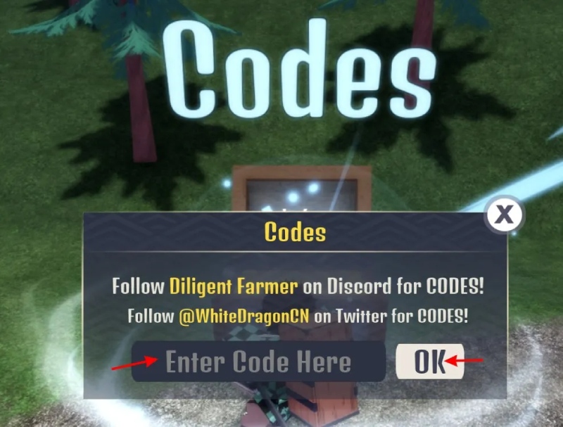 Khung nhập code trong game với ô “Enter Code Here” và nút “OK”