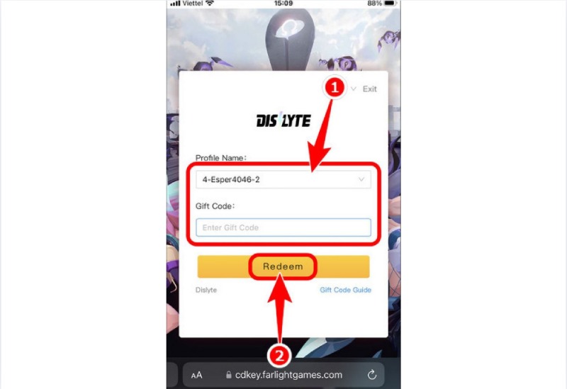 Trang nhập mã gift code qua trình duyệt web Dislyte.